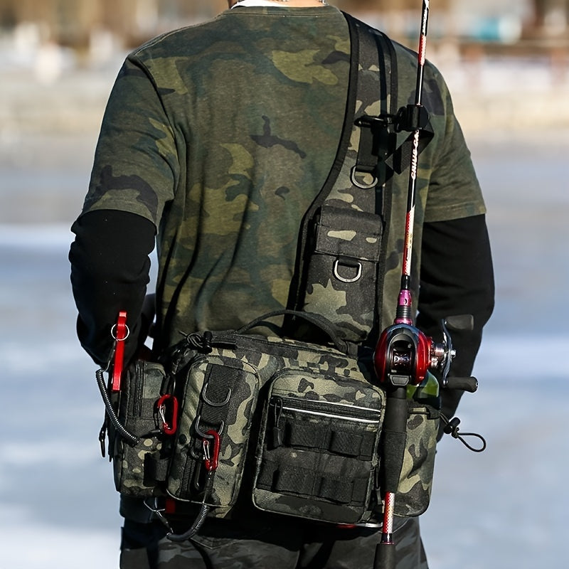 1pc Premium Waterproof Nylon Fishing Backpack - Multi-Functional Chest Bag with Adjustable Strap, Padded Shoulder Pads, and Multiple Compartments - Ideal for Fishing, Hiking, Camping, and Outdoor Adventures