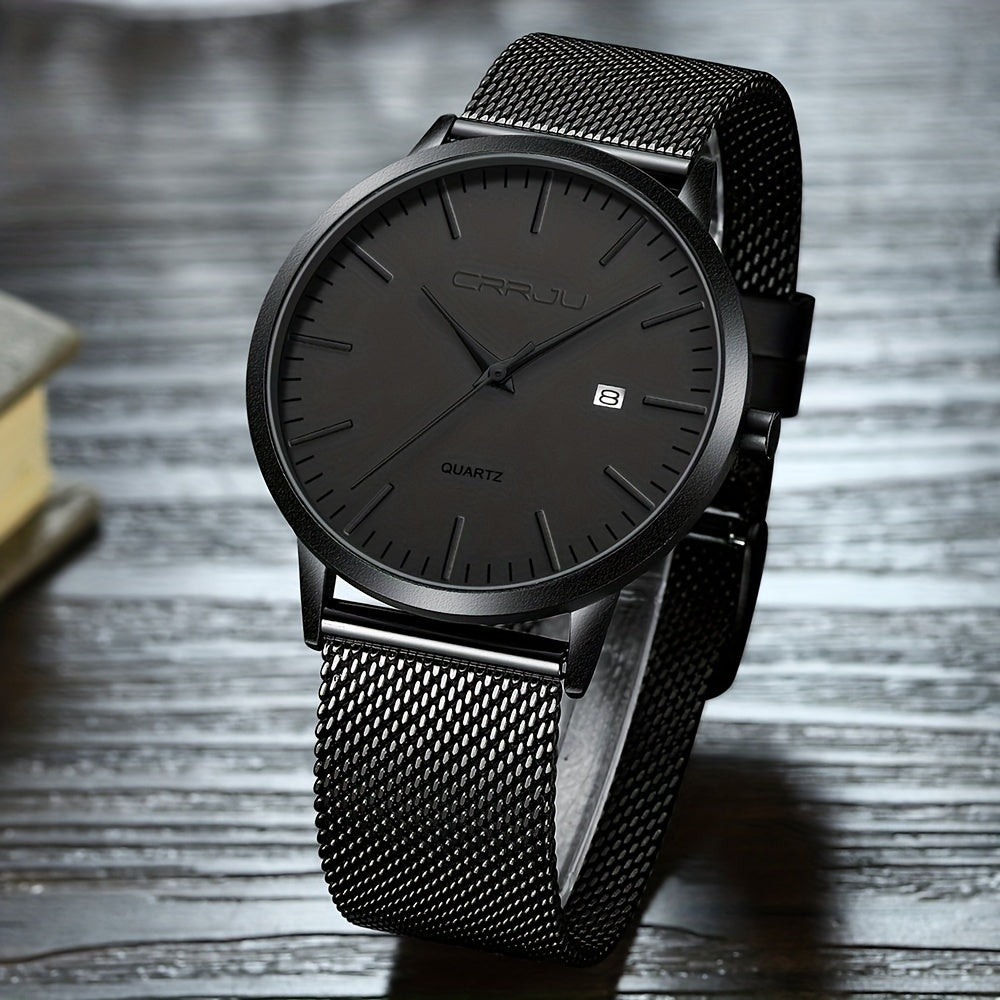 CRRJU Men'S Slim Quartz Watch, Casual Style, Round Zinc Alloy Case, Stainless Steel Strap, Pointer Display, Battery Powered, IPX8 Water Resistant, Non-rechargeable Button Battery