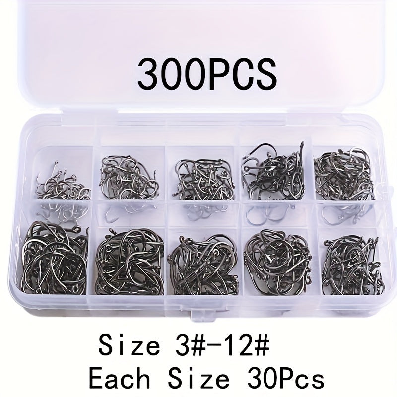 100/200/300/400/500pcs 3# - 12# Mixed Sizes Fishing Hook Set, Barbed Fishing Hooks With Eye, Fishing Tackle