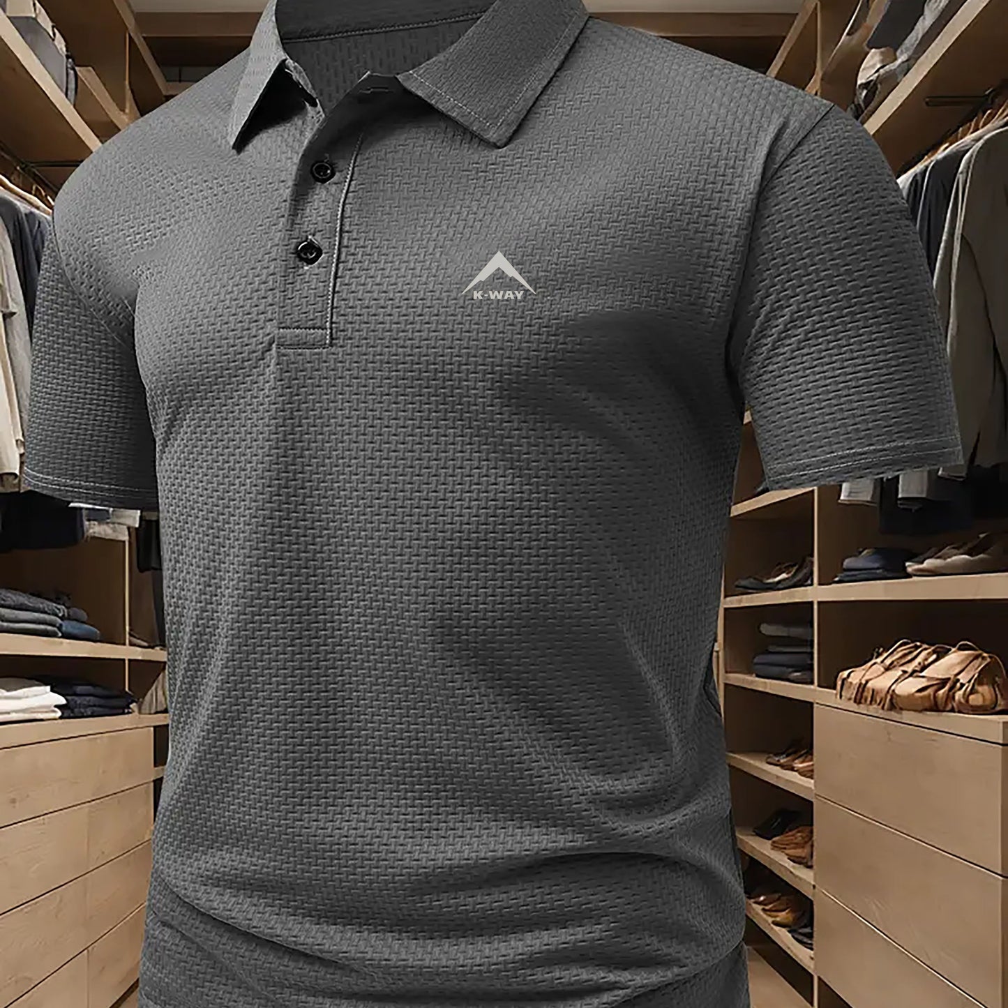 KWAY Men'S Breathable Summer Shirt - Lightweight Stretch Fabric, Solid Color with Contrast Collar & Chest Logo, Quick-Dry Golf & Business Casual Short Sleeve Top for Casual Attire, Breathable Summer Shirt, Golf Apparel, Sleek