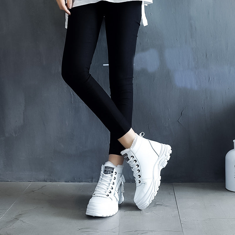 Women'S K2001 High-Top Winter Boots - Stylish White Lace-Up with Faux Fur Lining, Waterproof PVC Sole, Casual All-Season Footwear, Casual Winter Boots|Faux Fur Lined Boots|Laceup Boots