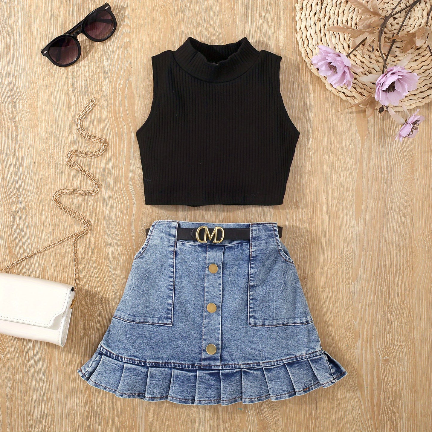 2pcs Toddler Girls Summer Outfit - Skirt Sets with Turtleneck Ribbed Knit Tank Top, Ruffled Hem Pleated Button Belted Denim Skirt, K-pop Inspired, Kids Clothing for Summer Season