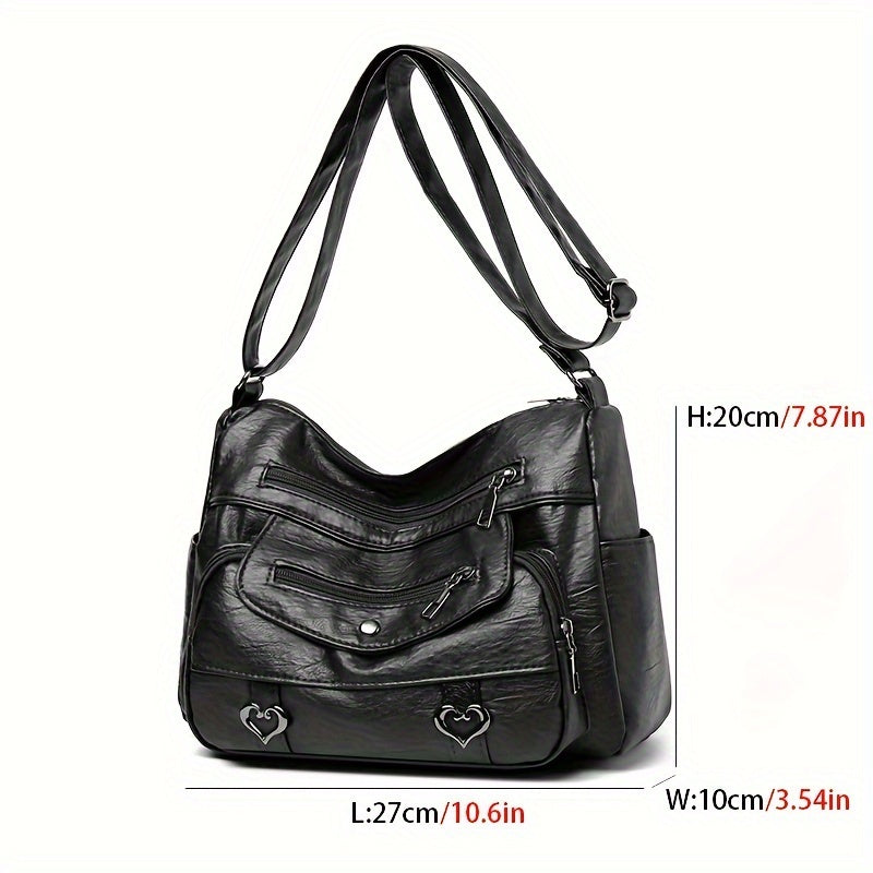 Retro Multi Pockets Crossbody Bag, Soft Faux Leather Shoulder Bag, Heart Decor Purse For Women