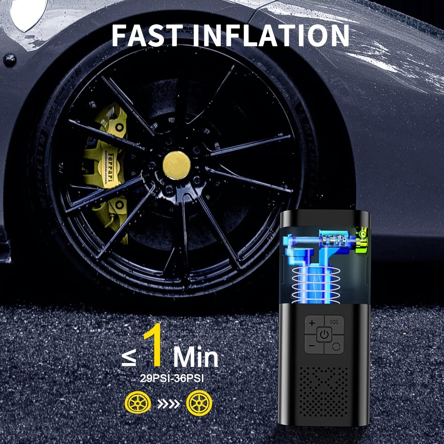 Portable Air Compressor Tire Inflator, 150PSI Car Tire Pump, Equipped with a Tire Pressure Gauge, LED Light, And a Three Times Faster One-Button Smart Cordless Tire Pump, Suitable for Cars, Motorcycles, Bicycle