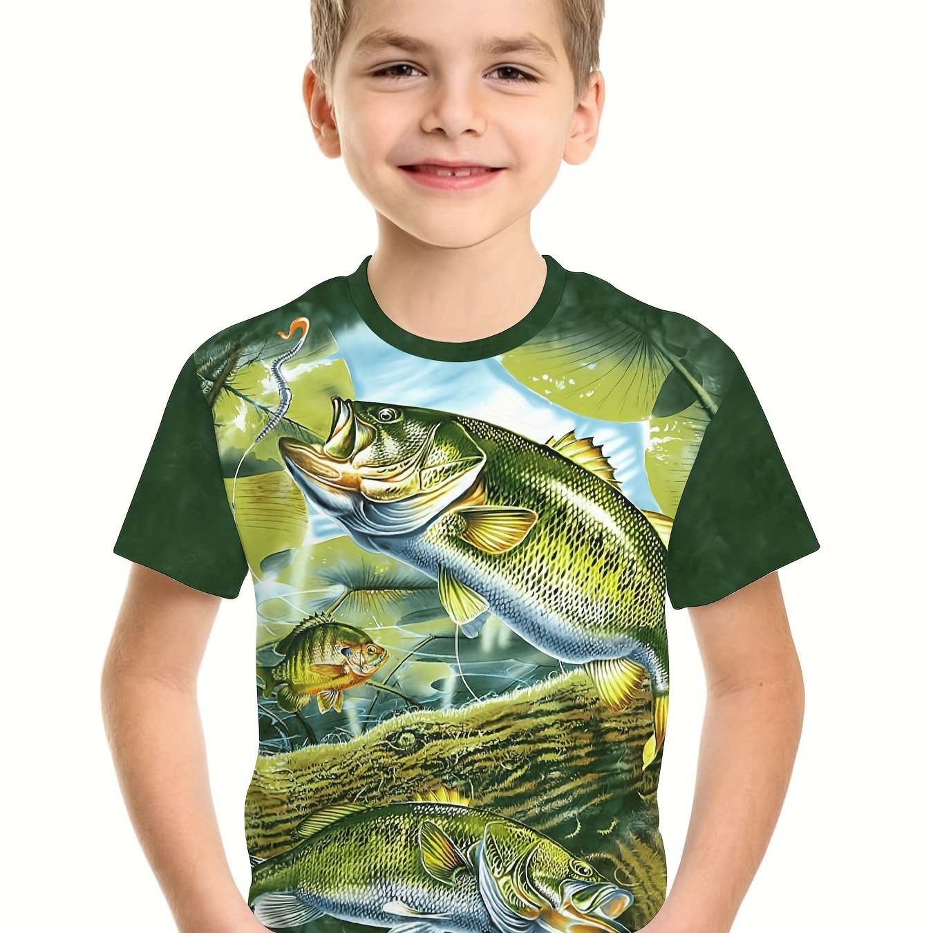 Knit Fishing Graphic Short Sleeve Crew Neck T-shirt For Boys, Cool Casual Breathable Summer Set Gift
