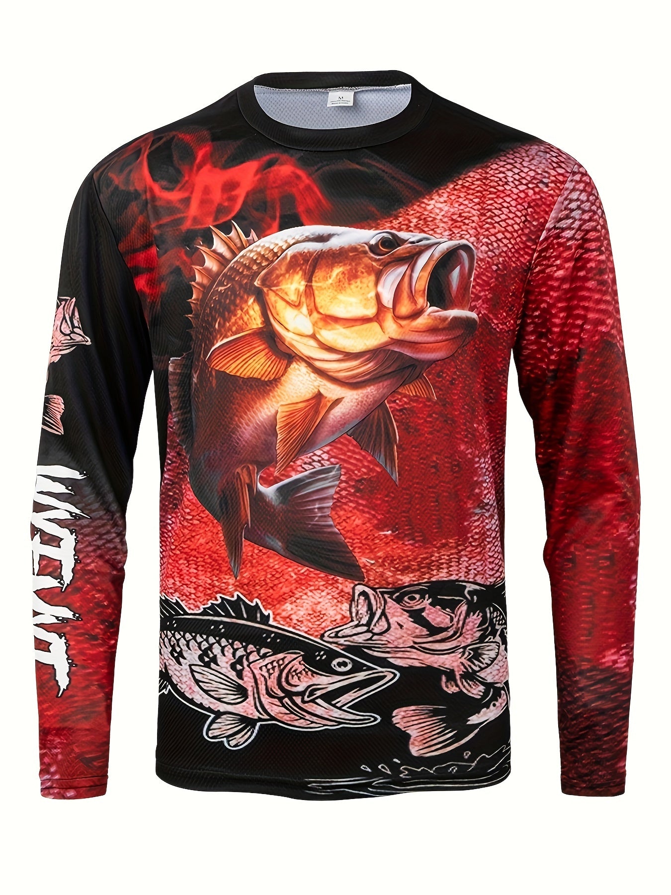 Men’s Breathable Long Sleeve Sports T-Shirt – Outdoor Fishing & Cycling Jersey with Fish & Flame Print, Lightweight Athletic Top for Spring, Summer & Autumn