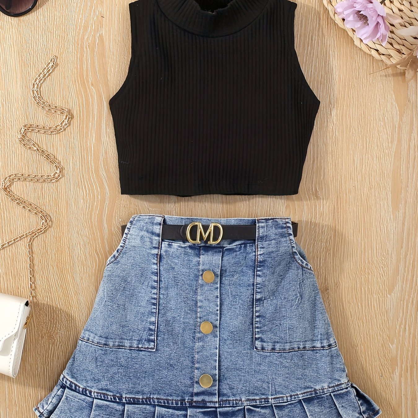 2pcs Toddler Girls Summer Outfit - Skirt Sets with Turtleneck Ribbed Knit Tank Top, Ruffled Hem Pleated Button Belted Denim Skirt, K-pop Inspired, Kids Clothing for Summer Season