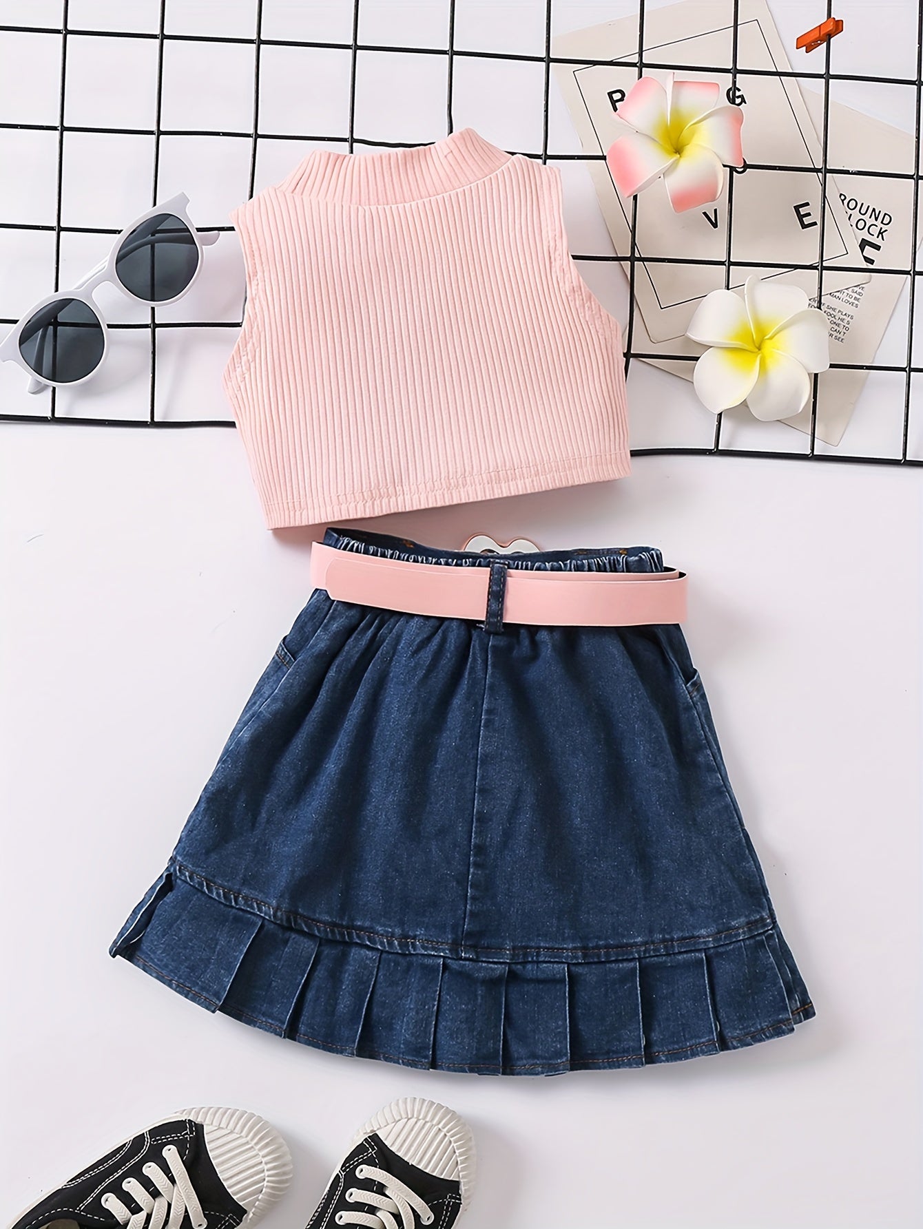 2pcs Toddler Girls Summer Outfit - Skirt Sets with Turtleneck Ribbed Knit Tank Top, Ruffled Hem Pleated Button Belted Denim Skirt, K-pop Inspired, Kids Clothing for Summer Season