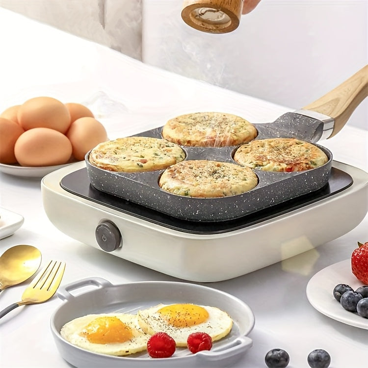 4-Hole Non-Stick Frying Pan with Maifan Stone Coating - Aluminum Handle, Perfect for Eggs, Pancakes, And More - Hand Wash Only, Induction Compatible, Kitchen Cookware | Modern Kitchenware | Durable Cookwar