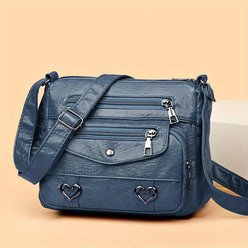 Retro Multi Pockets Crossbody Bag, Soft Faux Leather Shoulder Bag, Heart Decor Purse For Women
