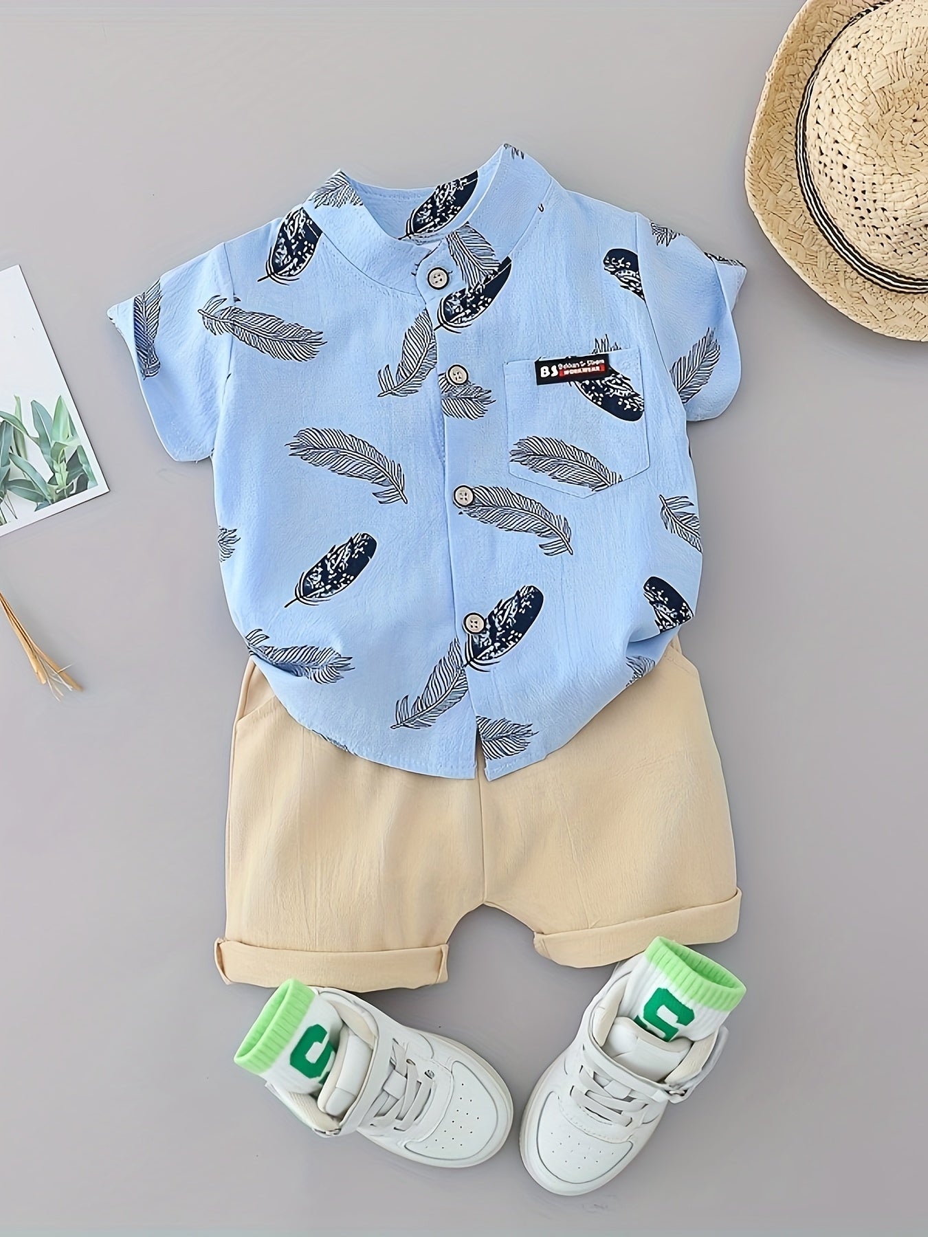 2-Piece Baby Boys’ Summer Outfit – Feather Print Short-Sleeve Shirt & Cotton Shorts Casual Set