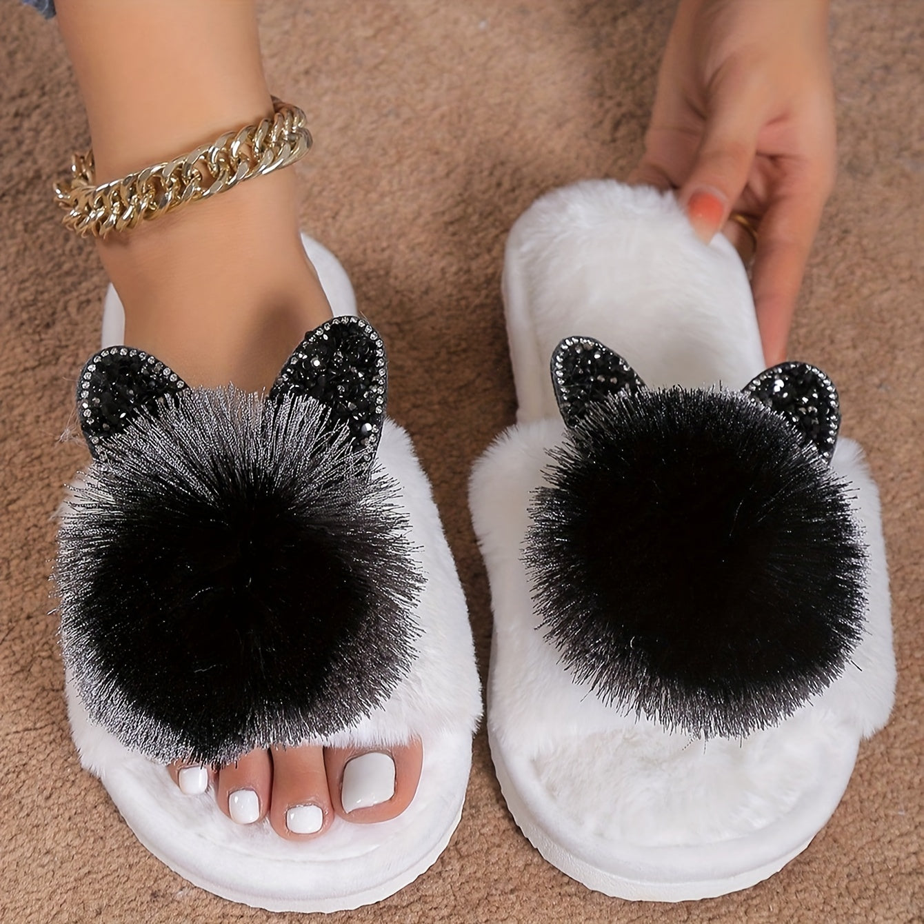 Soft Women's Slip-On Slippers | All-Season Indoor House Shoes with Plush Faux Fur Trim & Sparkling Embellishments - Cute Slippers, Loungewear Essentials, Playful Design, Durable EVA Sole