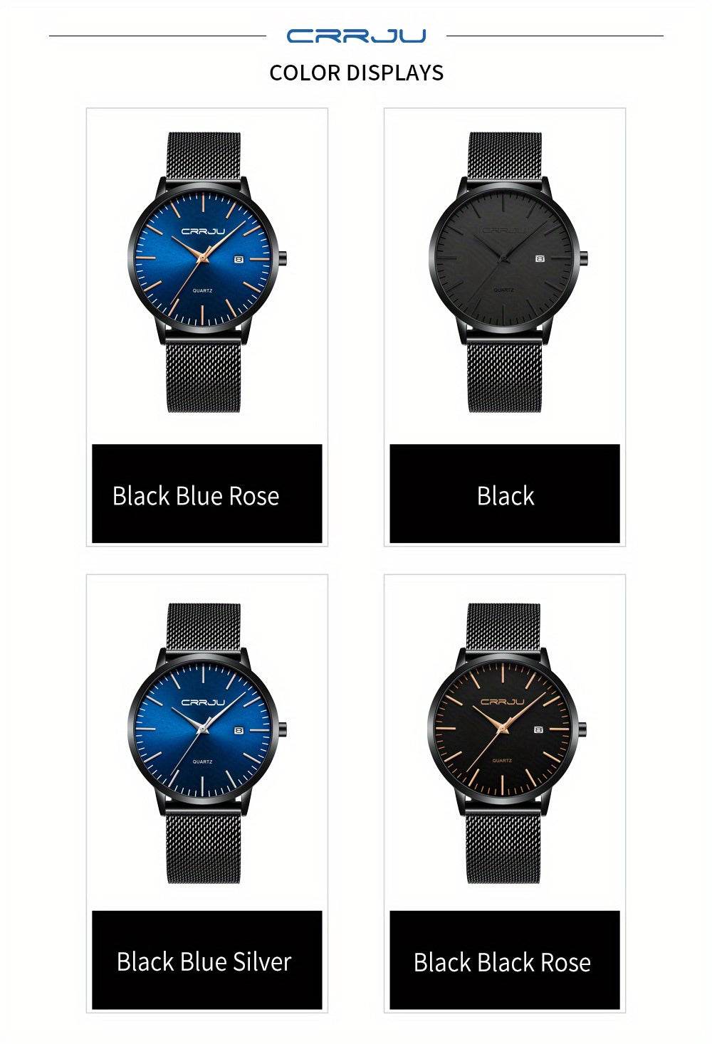 CRRJU Men'S Slim Quartz Watch, Casual Style, Round Zinc Alloy Case, Stainless Steel Strap, Pointer Display, Battery Powered, IPX8 Water Resistant, Non-rechargeable Button Battery