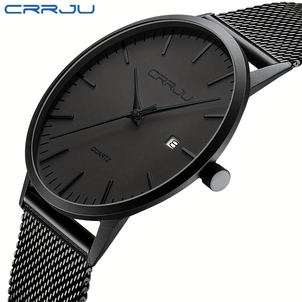 CRRJU Men'S Slim Quartz Watch, Casual Style, Round Zinc Alloy Case, Stainless Steel Strap, Pointer Display, Battery Powered, IPX8 Water Resistant, Non-rechargeable Button Battery