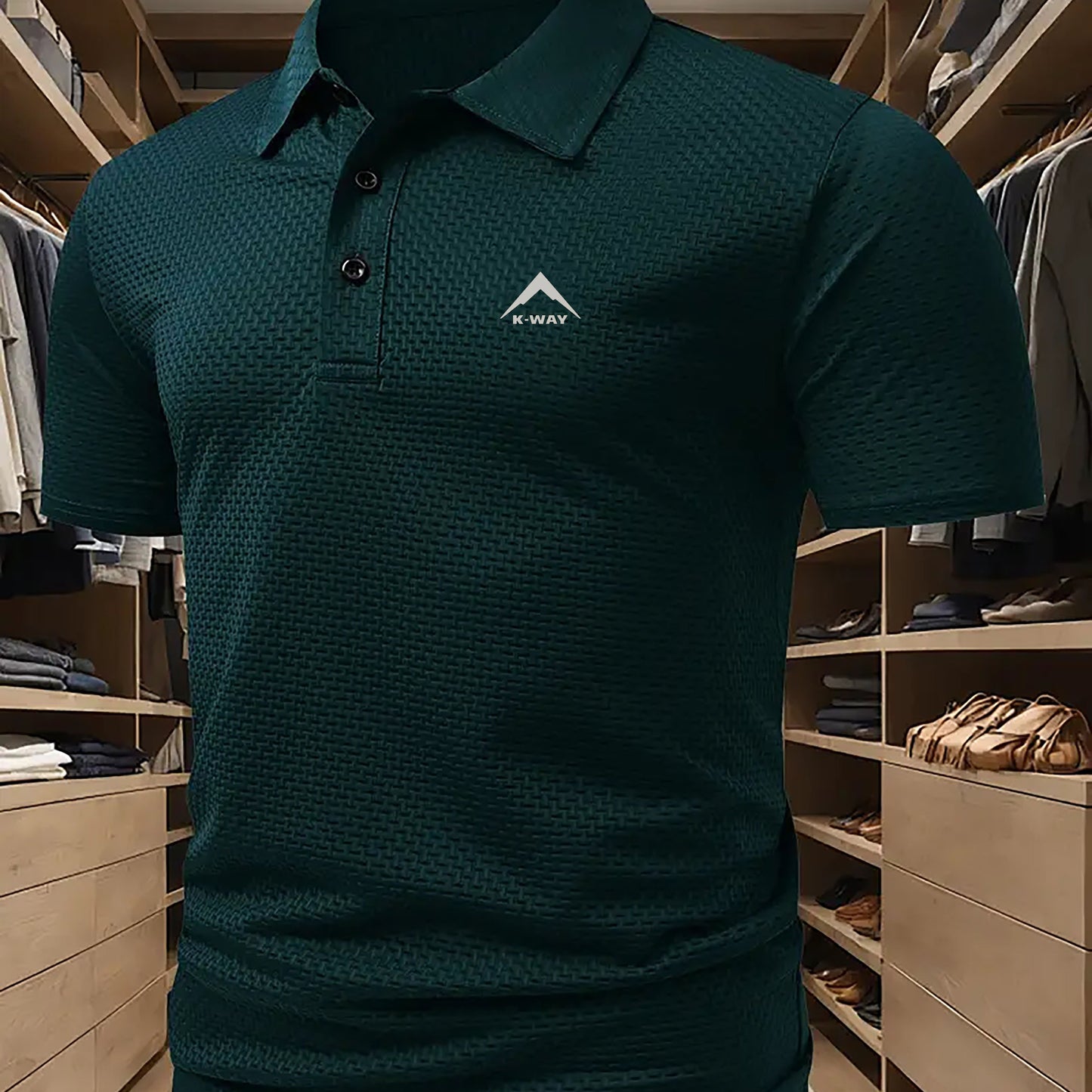KWAY Men'S Breathable Summer Shirt - Lightweight Stretch Fabric, Solid Color with Contrast Collar & Chest Logo, Quick-Dry Golf & Business Casual Short Sleeve Top for Casual Attire, Breathable Summer Shirt, Golf Apparel, Sleek