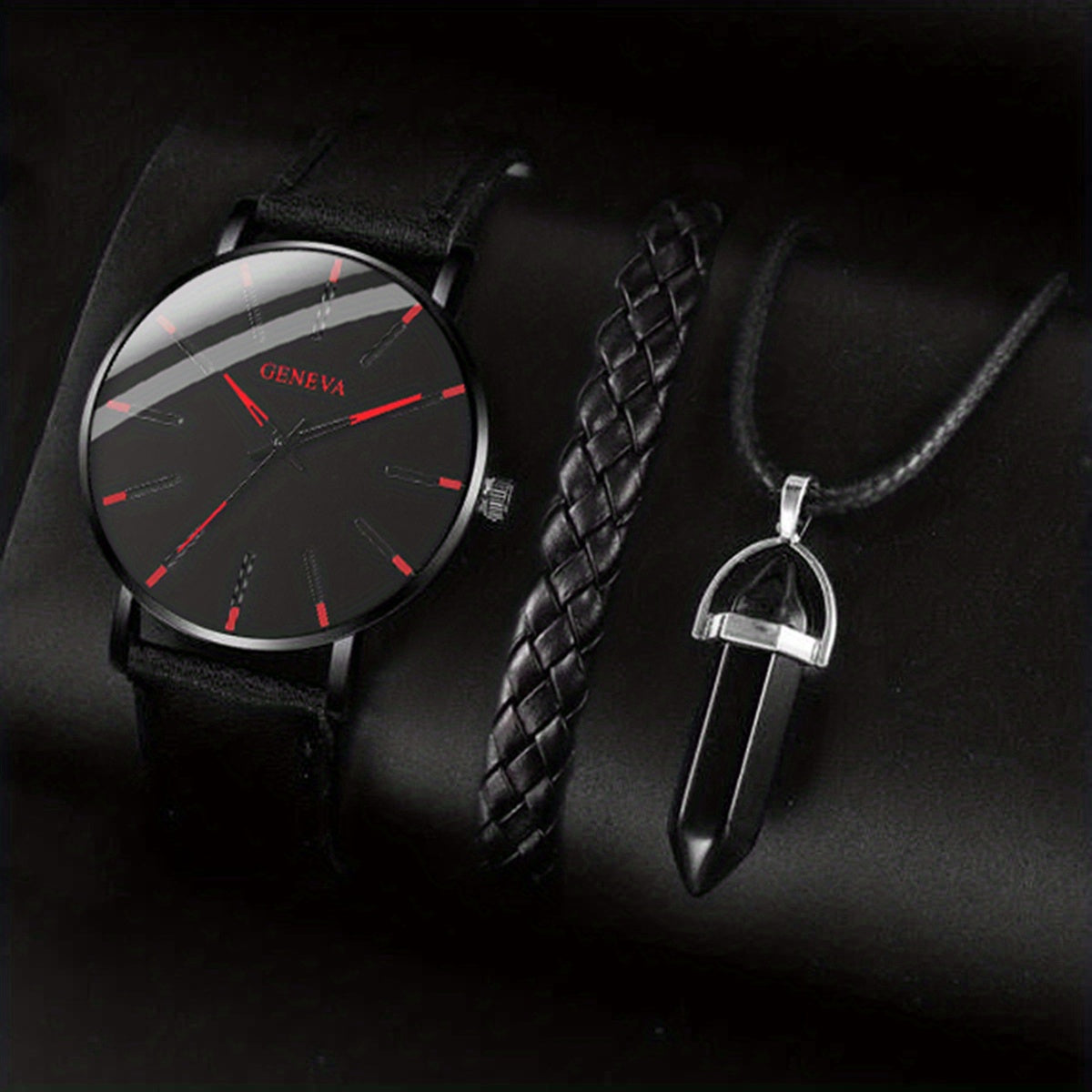 3pcs/set - Elegant Men's Quartz Watch with Matching Bracelet and Necklace - Stylish Timepiece, Perfect for Gifting on Special Occasions