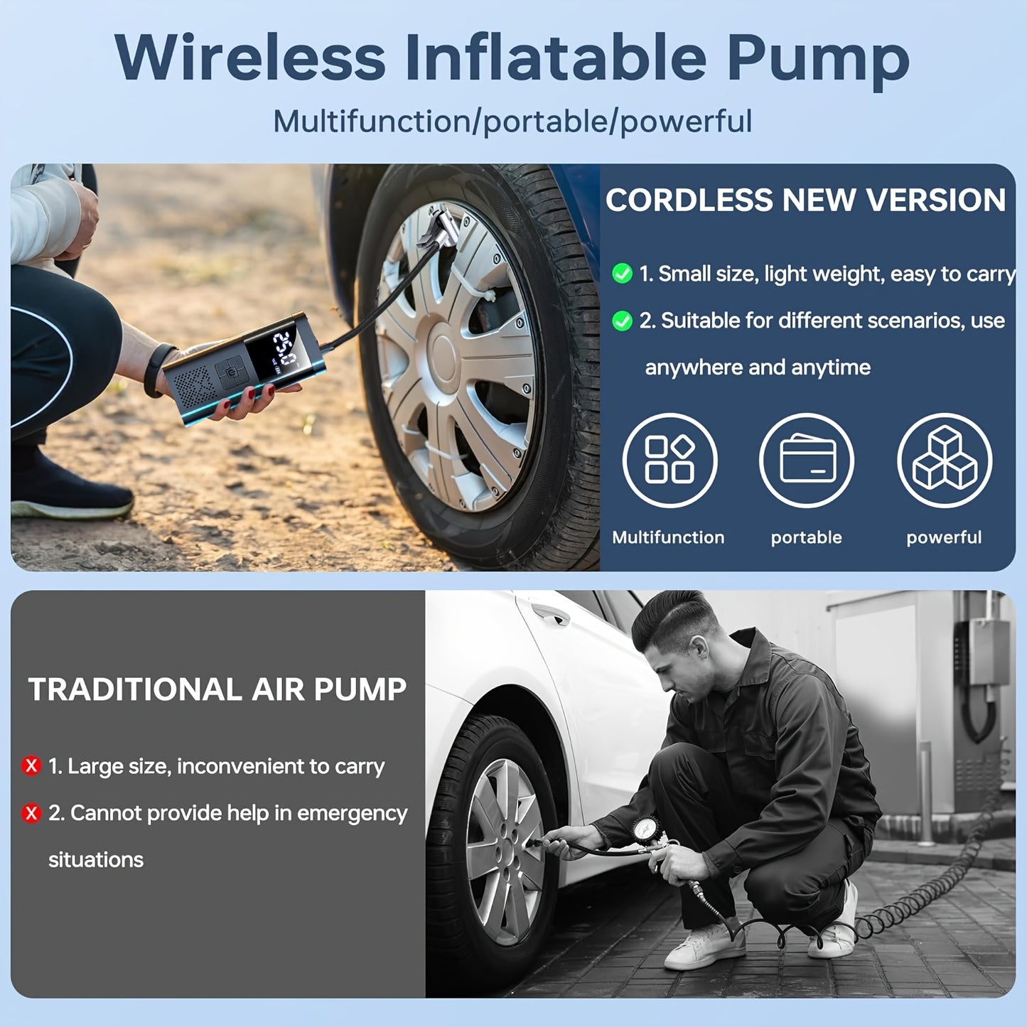Portable Air Compressor Tire Inflator, 150PSI Car Tire Pump, Equipped with a Tire Pressure Gauge, LED Light, And a Three Times Faster One-Button Smart Cordless Tire Pump, Suitable for Cars, Motorcycles, Bicycle