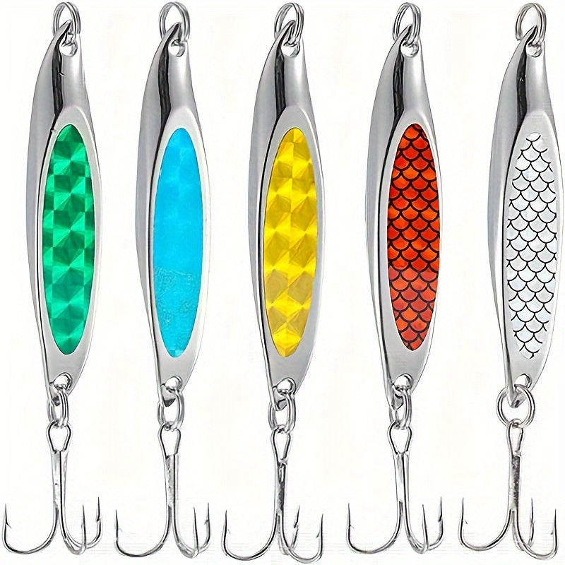 5pcs Essential Anglers Lure Set - Versatile Metal Baits for Saltwater & Freshwater Fishing - Durable Treble Hook Design for Trout, Bass, Salmon