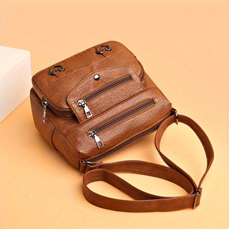 Retro Multi Pockets Crossbody Bag, Soft Faux Leather Shoulder Bag, Heart Decor Purse For Women
