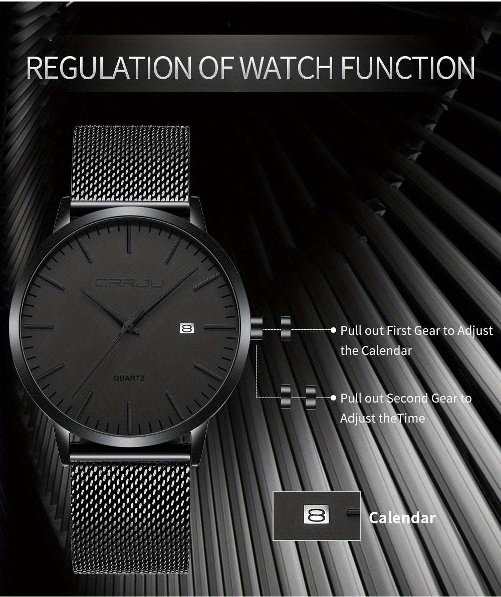 CRRJU Men'S Slim Quartz Watch, Casual Style, Round Zinc Alloy Case, Stainless Steel Strap, Pointer Display, Battery Powered, IPX8 Water Resistant, Non-rechargeable Button Battery