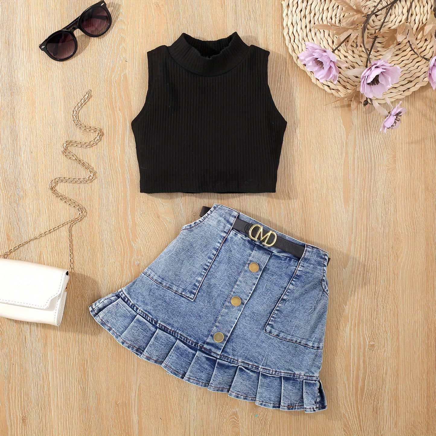 2pcs Toddler Girls Summer Outfit - Skirt Sets with Turtleneck Ribbed Knit Tank Top, Ruffled Hem Pleated Button Belted Denim Skirt, K-pop Inspired, Kids Clothing for Summer Season