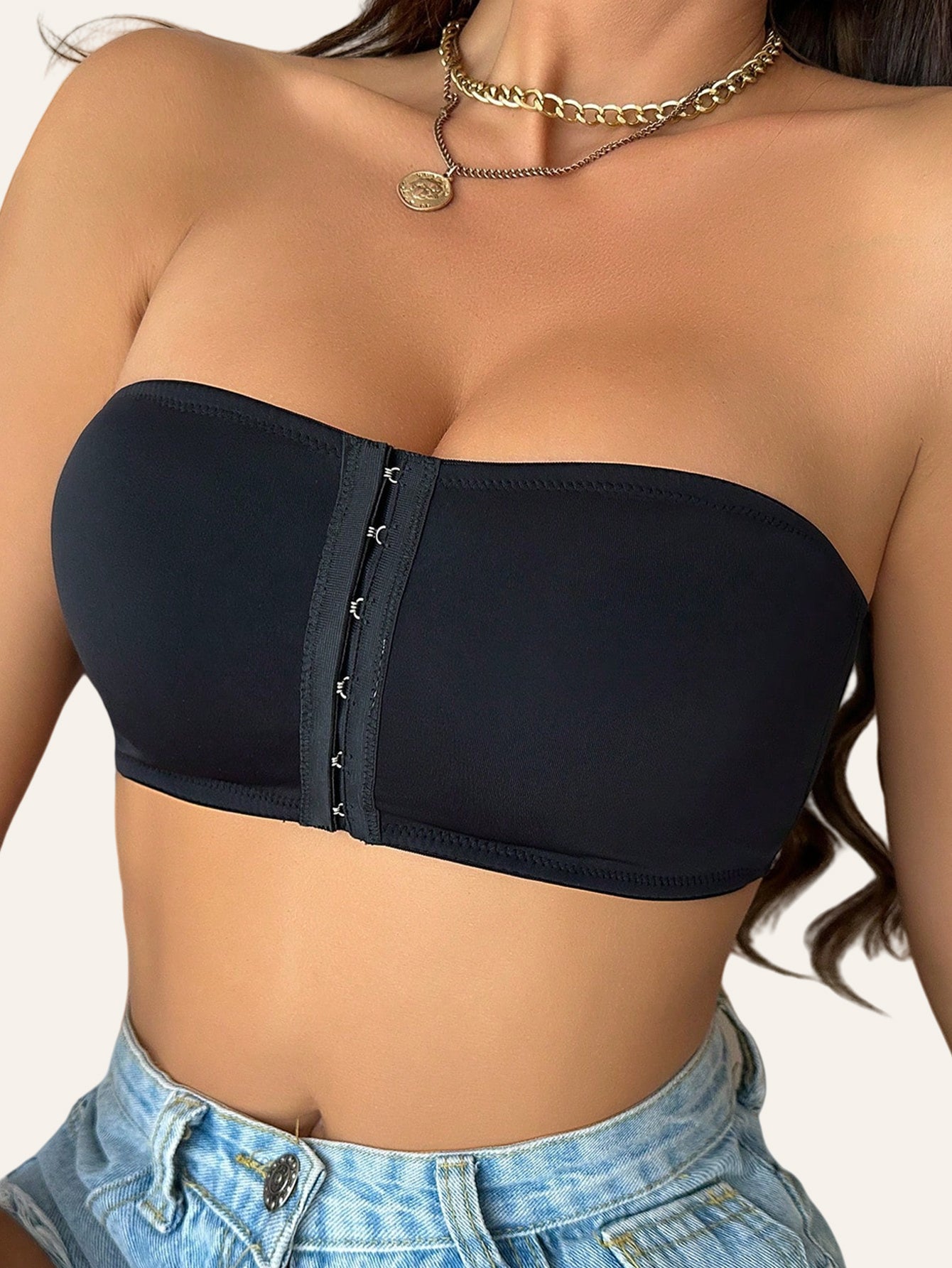 Women's Strapless T-Shirt Bra – Front Clasp & 6-Row Zipper, Seamless, No Underwire, Removable Pads, High-Elastic Soft Pink – Full Coverage for Yoga, Gym & Casual Wear