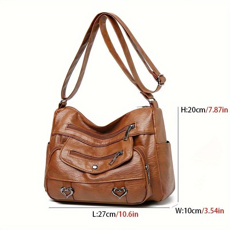 Retro Multi Pockets Crossbody Bag, Soft Faux Leather Shoulder Bag, Heart Decor Purse For Women