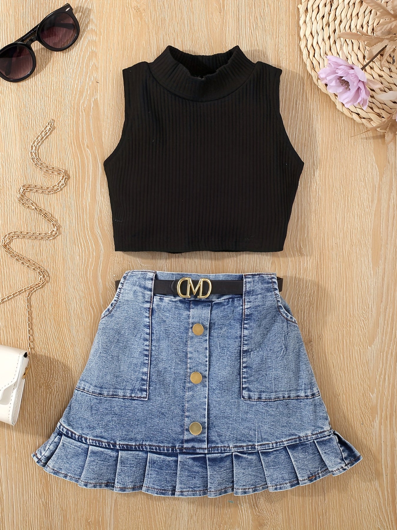 2pcs Toddler Girls Summer Outfit - Skirt Sets with Turtleneck Ribbed Knit Tank Top, Ruffled Hem Pleated Button Belted Denim Skirt, K-pop Inspired, Kids Clothing for Summer Season
