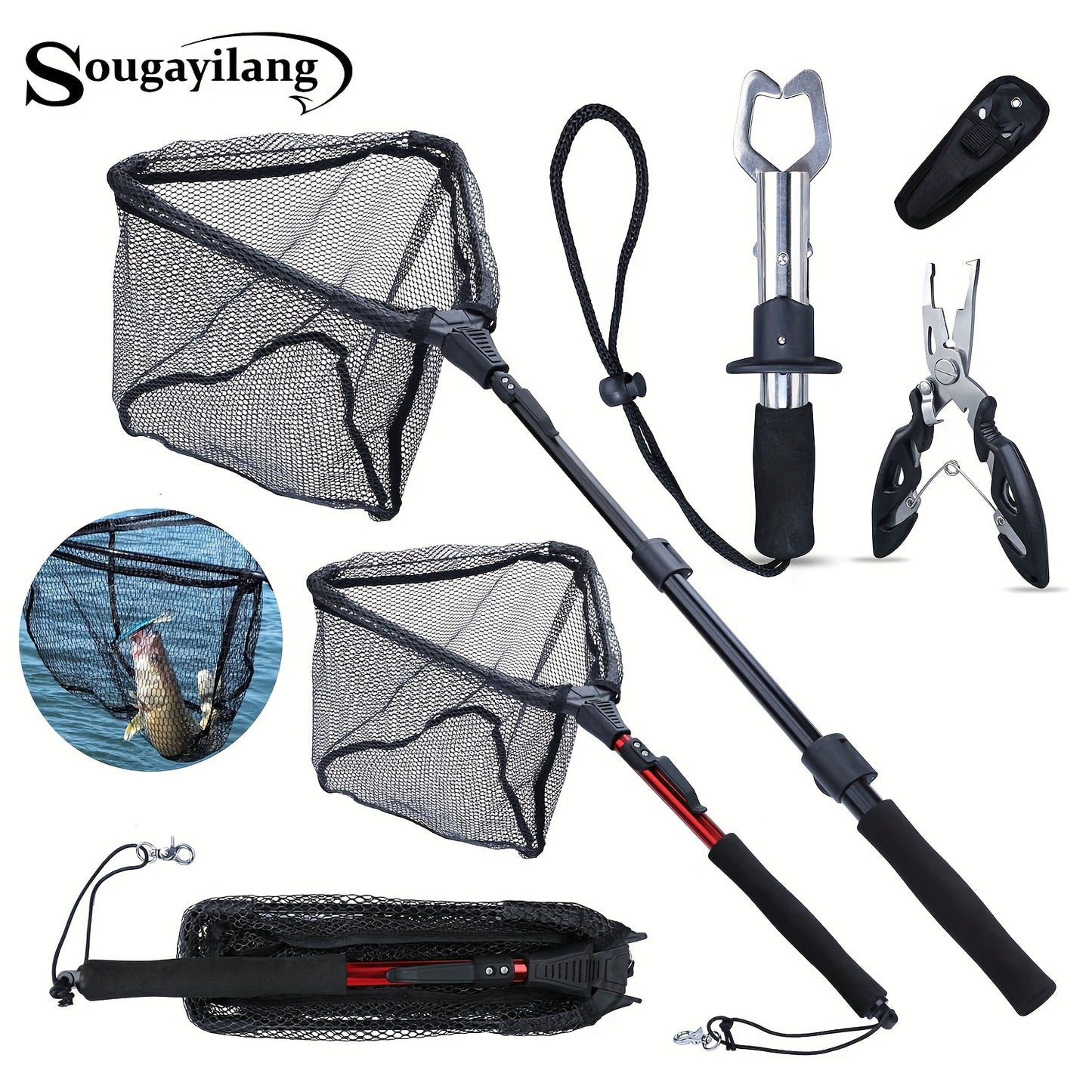 Complete Fishing Tool Set - Nets with Telescopic Folding Landing Net, EVA Handle, Durable Nylon Net Bag, Stainless Steel Fish Controller, and Fishing Pliers for Efficient Catching and Releasing