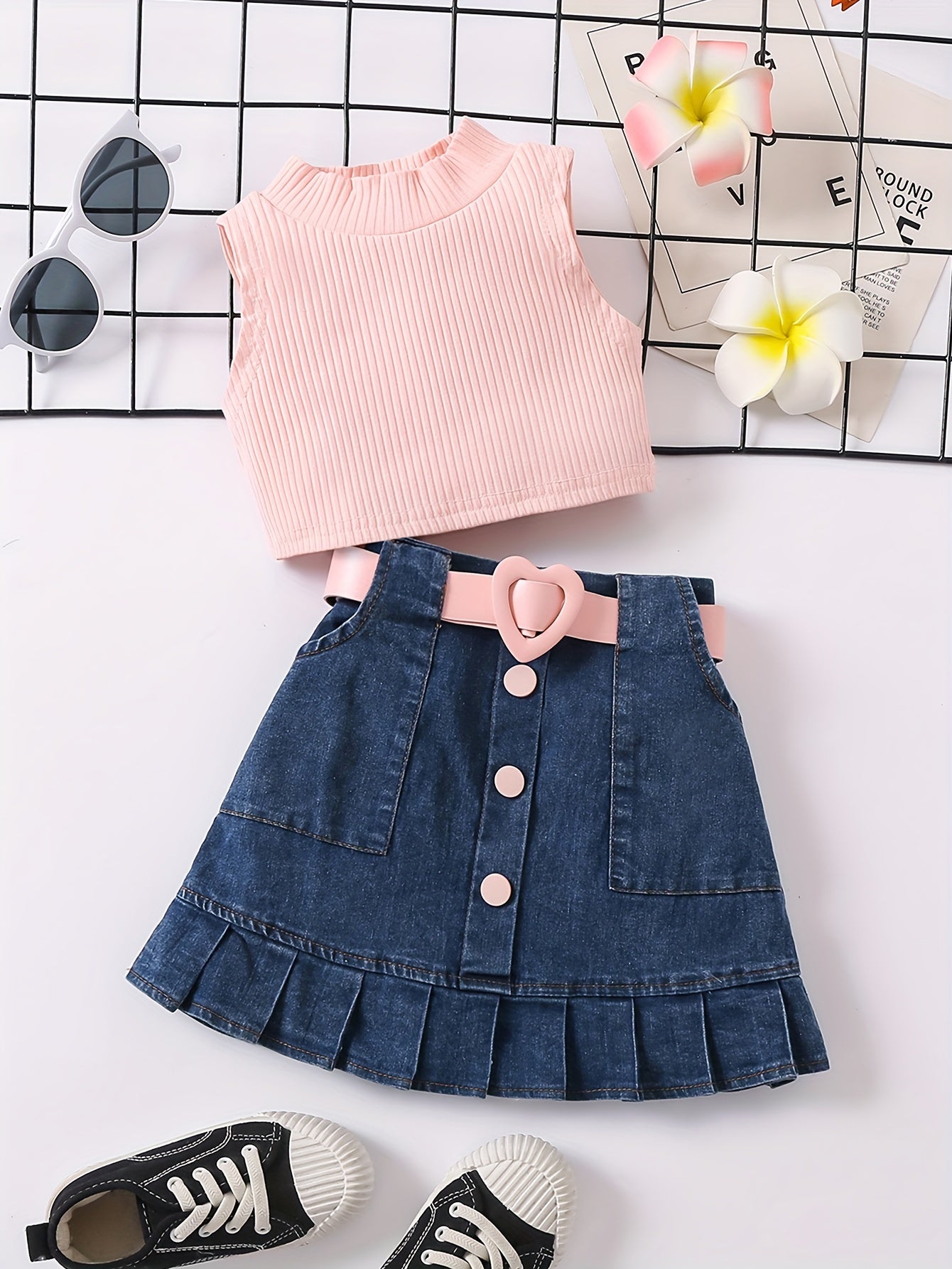 2pcs Toddler Girls Summer Outfit - Skirt Sets with Turtleneck Ribbed Knit Tank Top, Ruffled Hem Pleated Button Belted Denim Skirt, K-pop Inspired, Kids Clothing for Summer Season