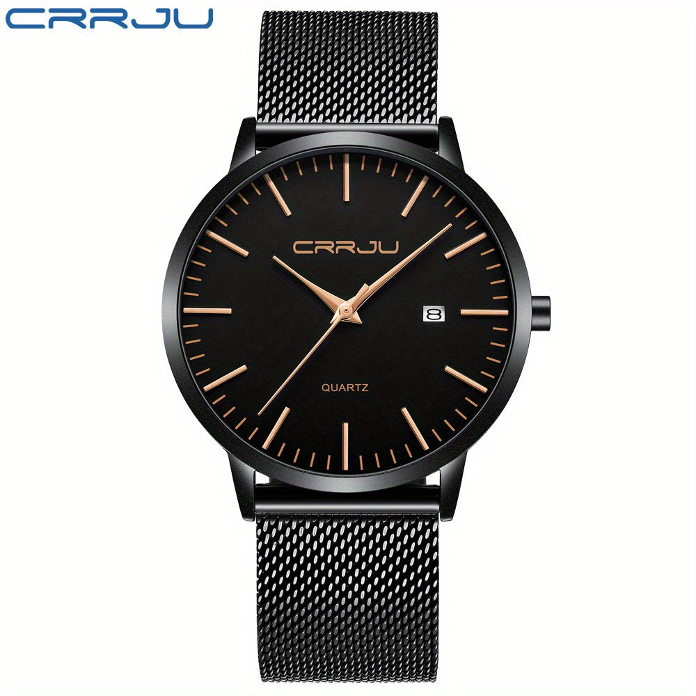CRRJU Men'S Slim Quartz Watch, Casual Style, Round Zinc Alloy Case, Stainless Steel Strap, Pointer Display, Battery Powered, IPX8 Water Resistant, Non-rechargeable Button Battery