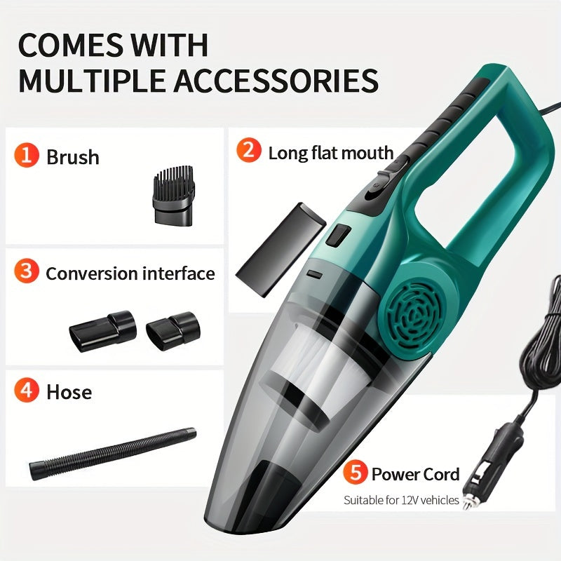 12V Car Vacuum Cleaner with Strong Suction, 3-5m Cord, 4 Cleaning Modes & 2 Nozzles - Compact Handheld Design for Car Interior, Pet Hair, Dust, and Debris Removal, Vacuum Cleaner for Car, Pet Hair Remover, Modern Aesthetic, D