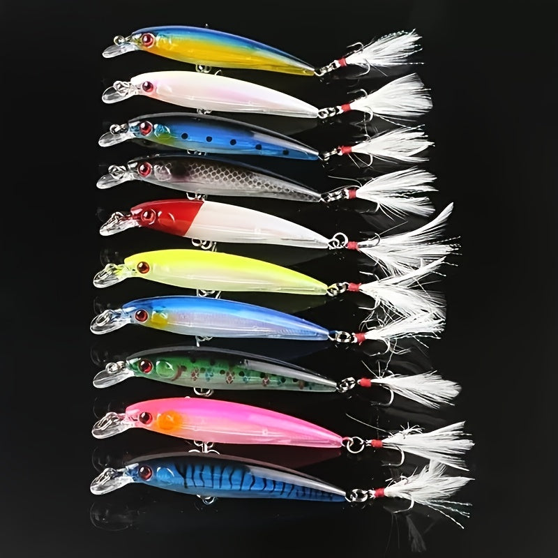 10pcs Premium 3D Bionic Fishing Lures with Laser Eyes - Artificial Hard Baits for Catching More Fish - Feather Hook, 9cm/7.2g, Lifelike Swimming Action, Durable and Long-Lasting