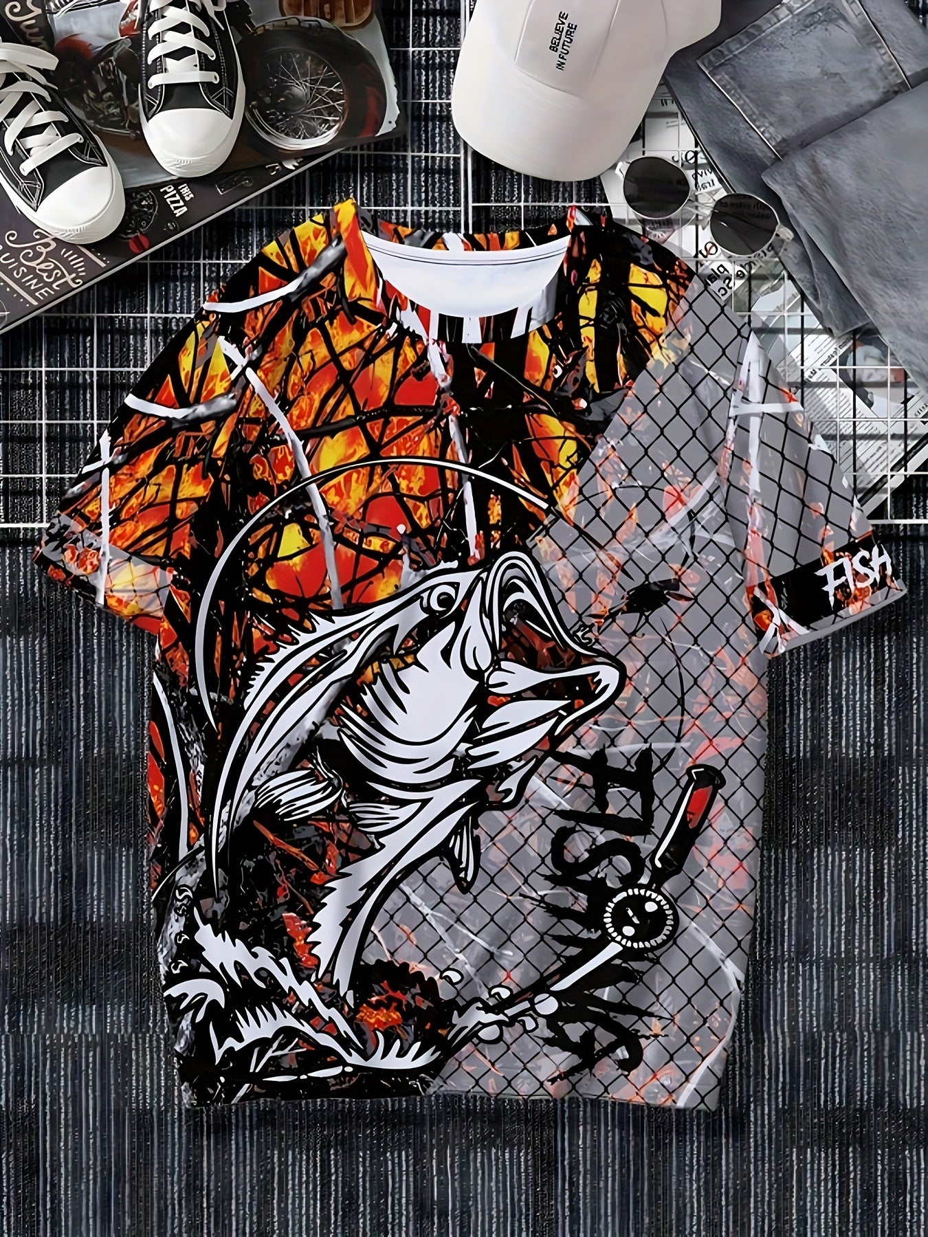 I-Men's Fashion Casual Crew Neck 3D Shirt Print Fishing Shirt, 100% Polyester Knit Fabric, Isitayela Esivamile Esine-Slight Stretch, I-Tee Yephethini Yezilwane Evamile Efanelekile