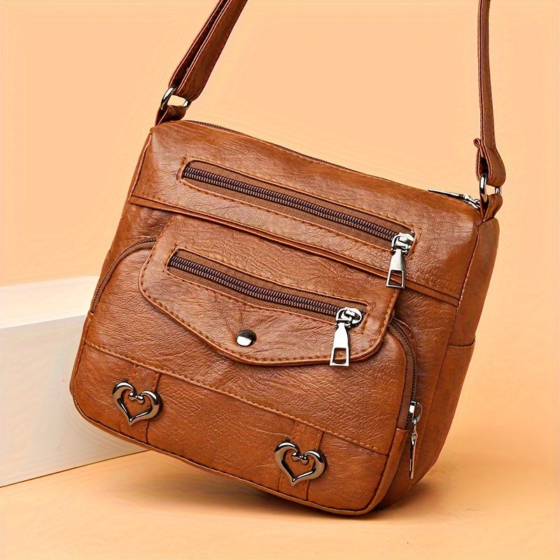 Retro Multi Pockets Crossbody Bag, Soft Faux Leather Shoulder Bag, Heart Decor Purse For Women
