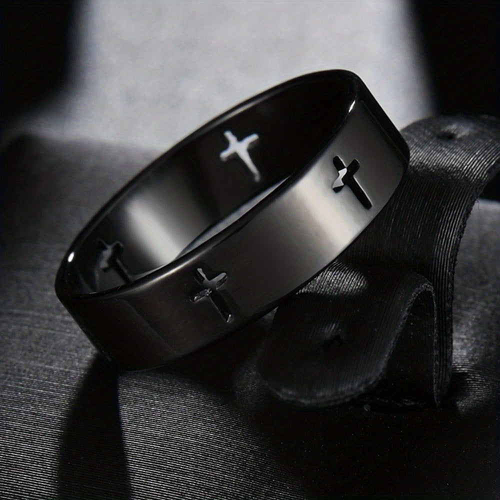 1pc Fashionable And Trendy Stainless Steel Ring With Hollow Cross For Men