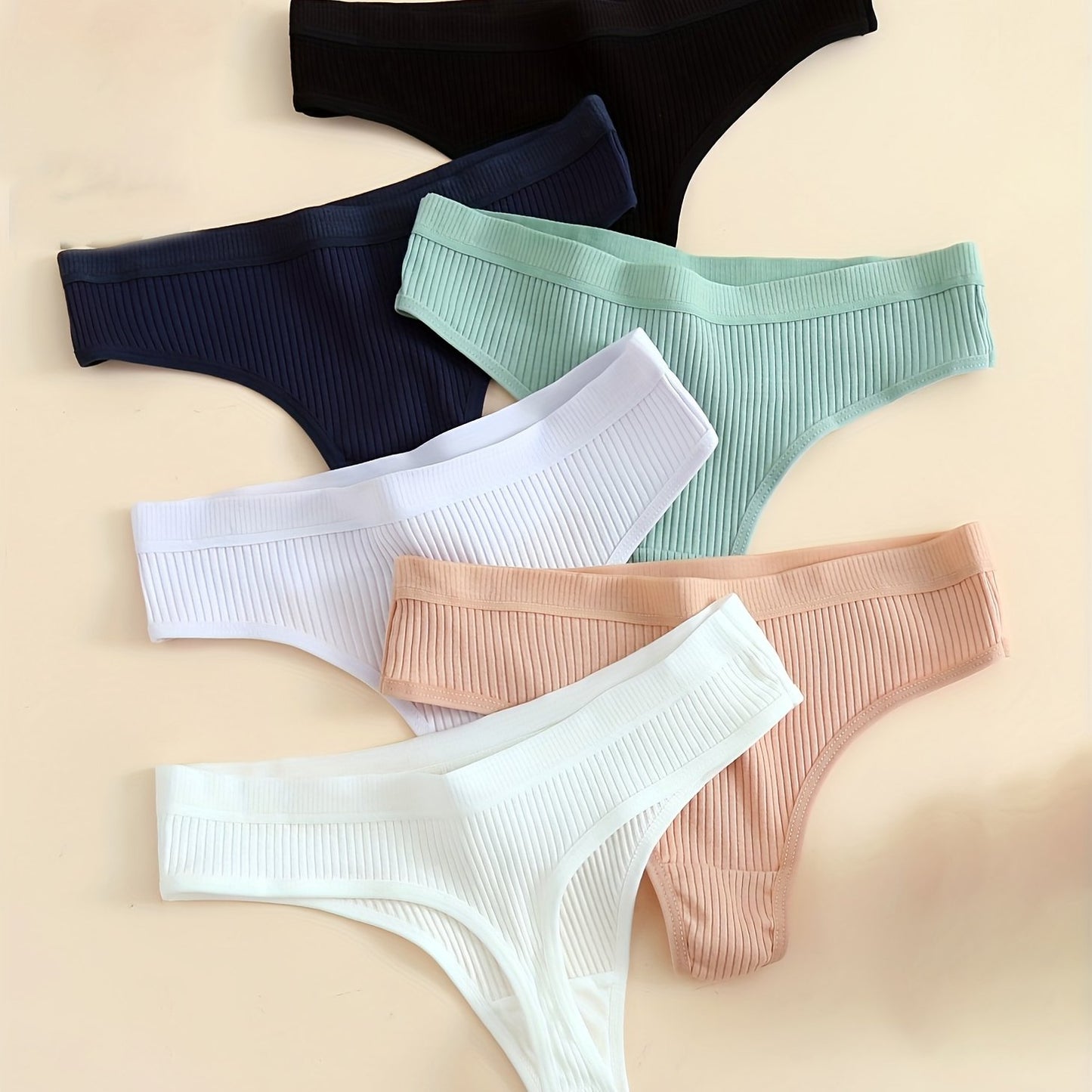 6pcs Seamless Ribbed Sports Thong Panties - Ultra Breathable, Comfortable, Soft Cotton Intimates for Women - Everyday Lingerie & Underwear Essentials for Active Ladies