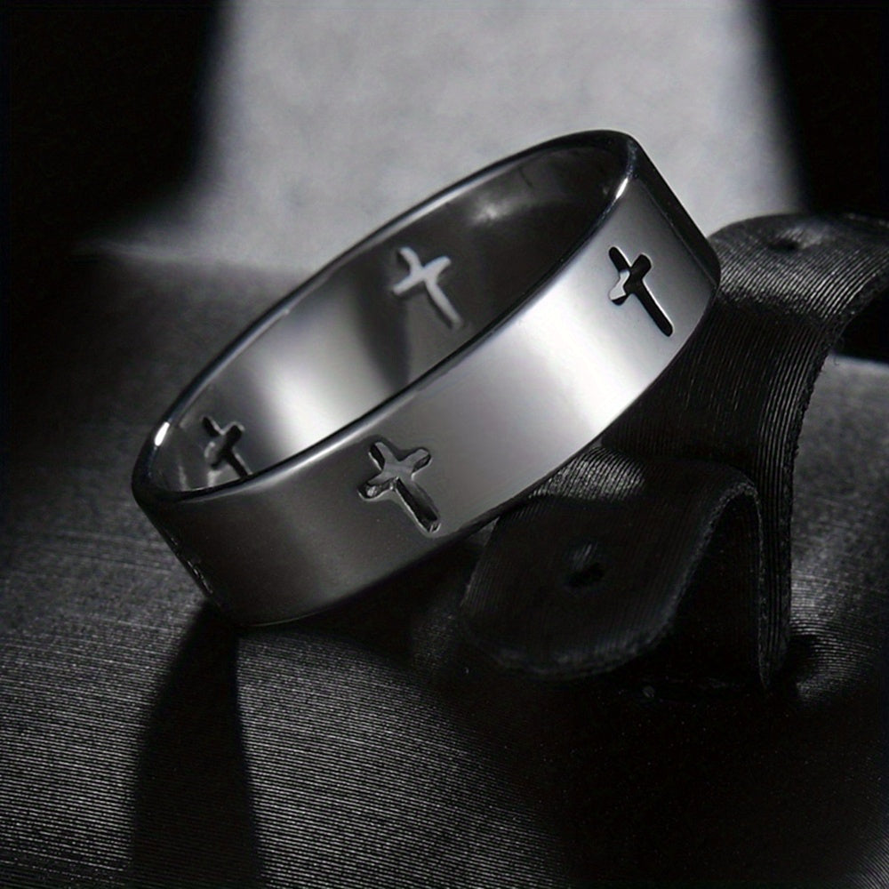 1pc Fashionable And Trendy Stainless Steel Ring With Hollow Cross For Men