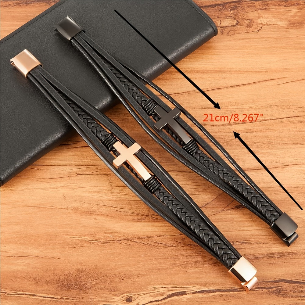 Luxurious Multicolor Cross Design Stainless Steel Men's PU Leather Bracelet - Adjustable 19/21/23cm Length, Stylish, Water Resistant, Durable, Perfect for Formal Occasions, Christmas Gifts, Father's Day Gift, Anniversary Pres