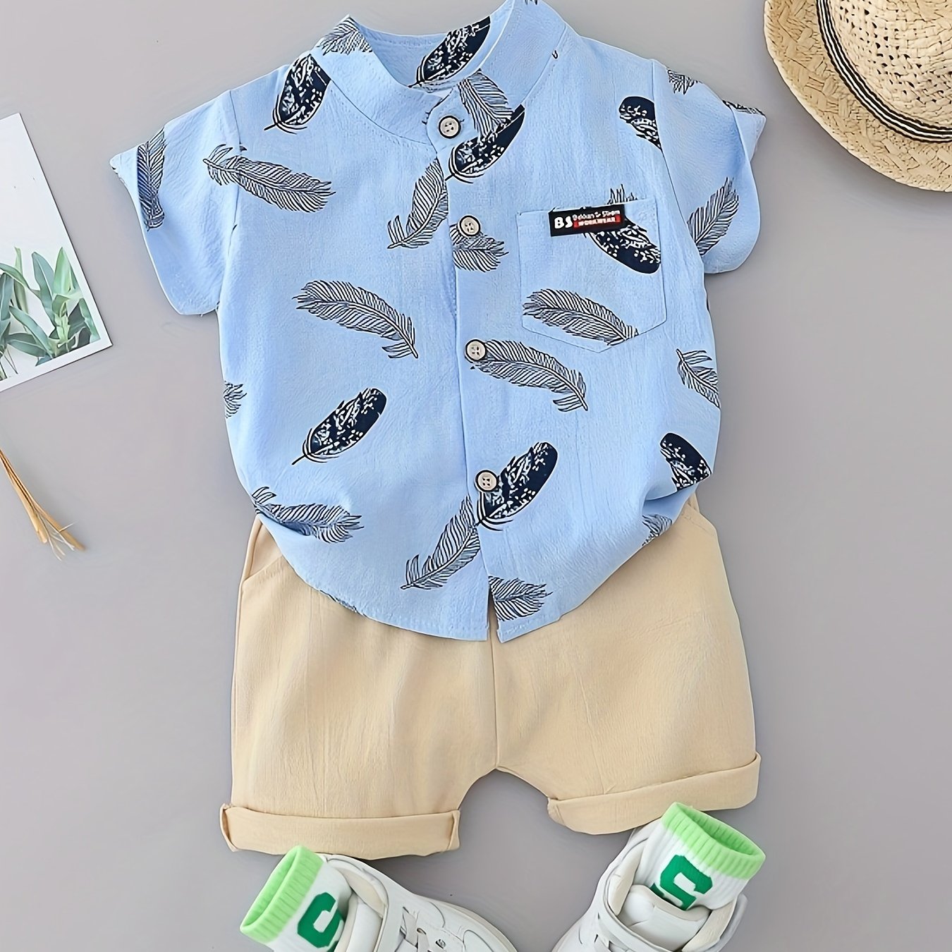 2-Piece Baby Boys’ Summer Outfit – Feather Print Short-Sleeve Shirt & Cotton Shorts Casual Set