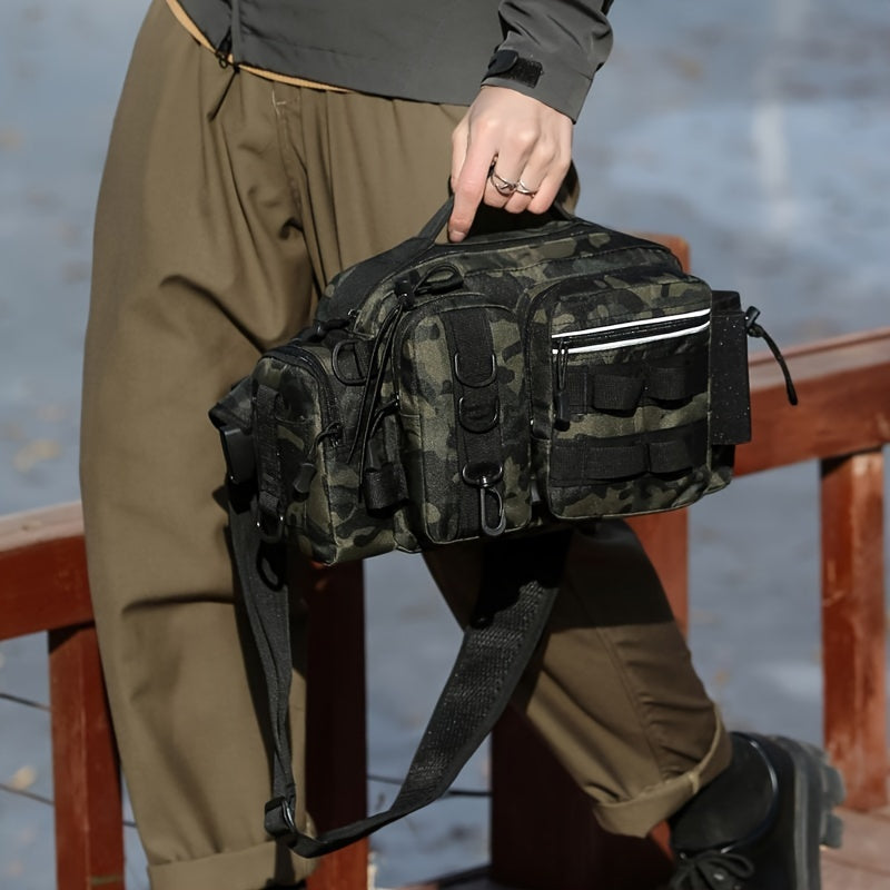 1pc Premium Waterproof Nylon Fishing Backpack - Multi-Functional Chest Bag with Adjustable Strap, Padded Shoulder Pads, and Multiple Compartments - Ideal for Fishing, Hiking, Camping, and Outdoor Adventures