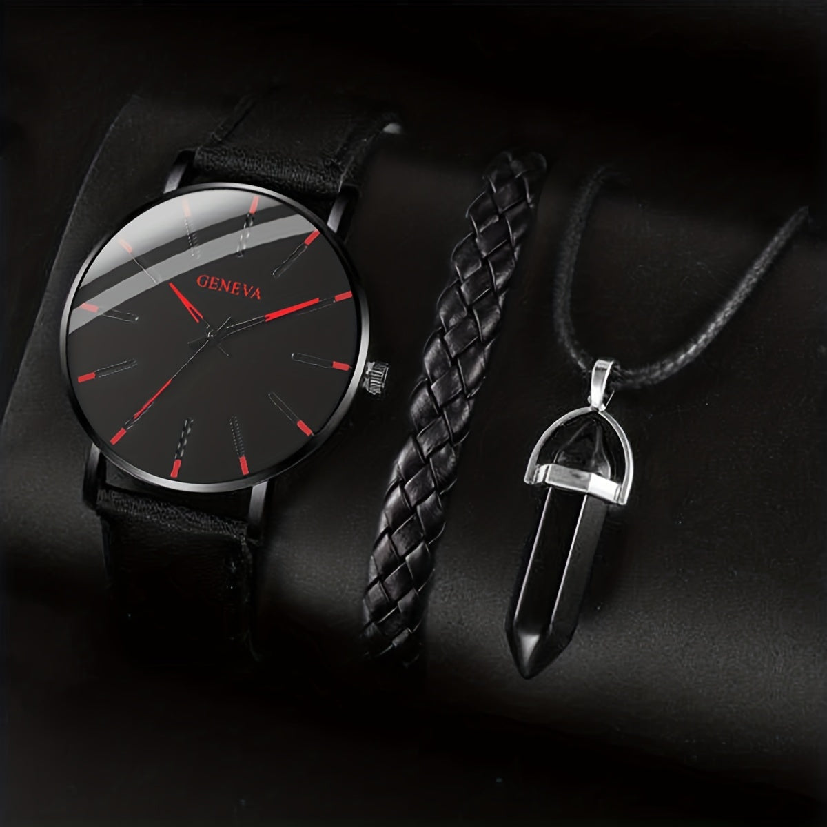 3pcs/set - Elegant Men's Quartz Watch with Matching Bracelet and Necklace - Stylish Timepiece, Perfect for Gifting on Special Occasions