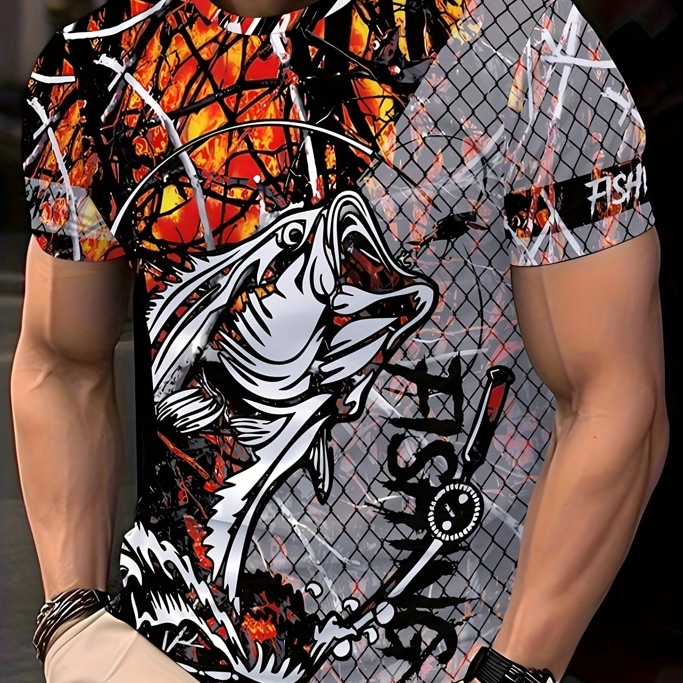 I-Men's Fashion Casual Crew Neck 3D Shirt Print Fishing Shirt, 100% Polyester Knit Fabric, Isitayela Esivamile Esine-Slight Stretch, I-Tee Yephethini Yezilwane Evamile Efanelekile
