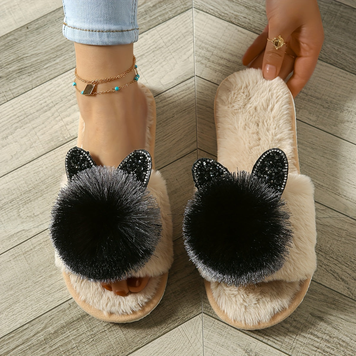 Soft Women's Slip-On Slippers | All-Season Indoor House Shoes with Plush Faux Fur Trim & Sparkling Embellishments - Cute Slippers, Loungewear Essentials, Playful Design, Durable EVA Sole