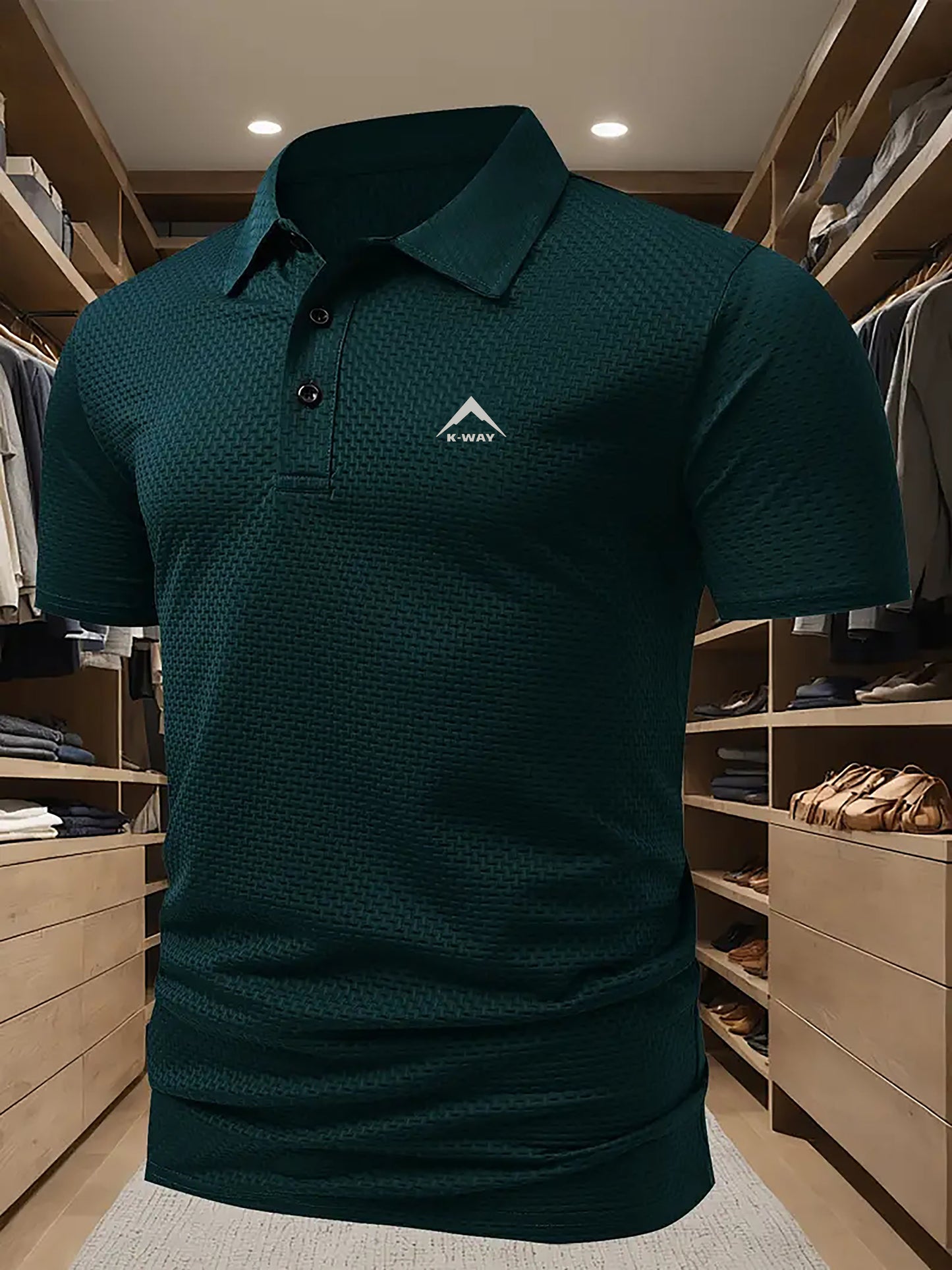 KWAY Men'S Breathable Summer Shirt - Lightweight Stretch Fabric, Solid Color with Contrast Collar & Chest Logo, Quick-Dry Golf & Business Casual Short Sleeve Top for Casual Attire, Breathable Summer Shirt, Golf Apparel, Sleek