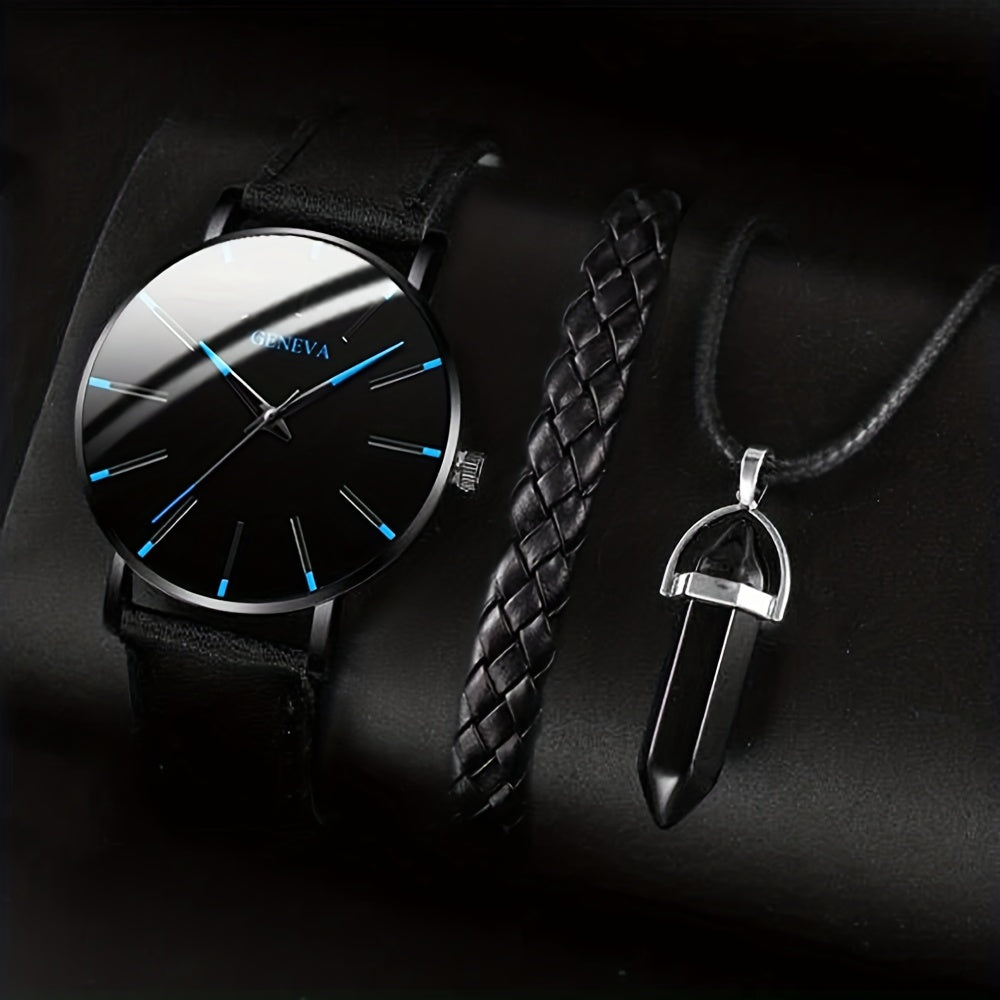 3pcs/set - Elegant Men's Quartz Watch with Matching Bracelet and Necklace - Stylish Timepiece, Perfect for Gifting on Special Occasions