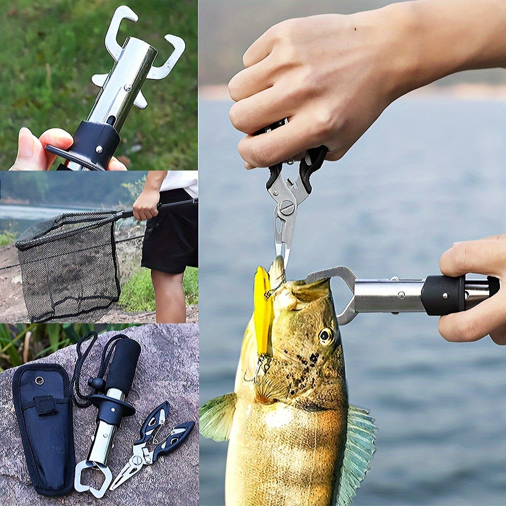 Complete Fishing Tool Set - Nets with Telescopic Folding Landing Net, EVA Handle, Durable Nylon Net Bag, Stainless Steel Fish Controller, and Fishing Pliers for Efficient Catching and Releasing