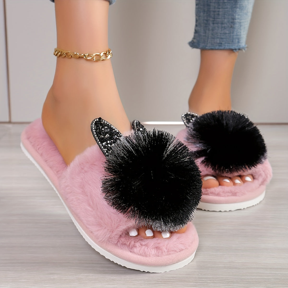 Soft Women's Slip-On Slippers | All-Season Indoor House Shoes with Plush Faux Fur Trim & Sparkling Embellishments - Cute Slippers, Loungewear Essentials, Playful Design, Durable EVA Sole