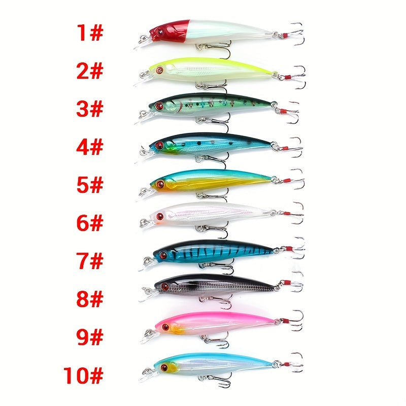 10pcs Premium 3D Bionic Fishing Lures with Laser Eyes - Artificial Hard Baits for Catching More Fish - Feather Hook, 9cm/7.2g, Lifelike Swimming Action, Durable and Long-Lasting
