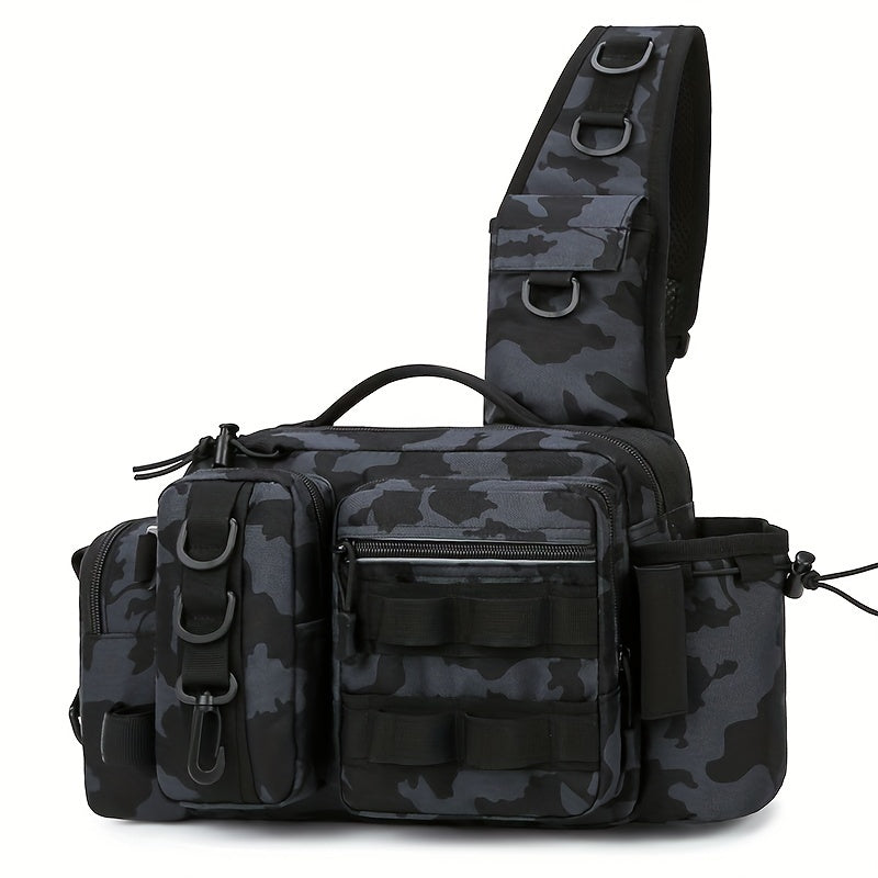 1pc Premium Waterproof Nylon Fishing Backpack - Multi-Functional Chest Bag with Adjustable Strap, Padded Shoulder Pads, and Multiple Compartments - Ideal for Fishing, Hiking, Camping, and Outdoor Adventures